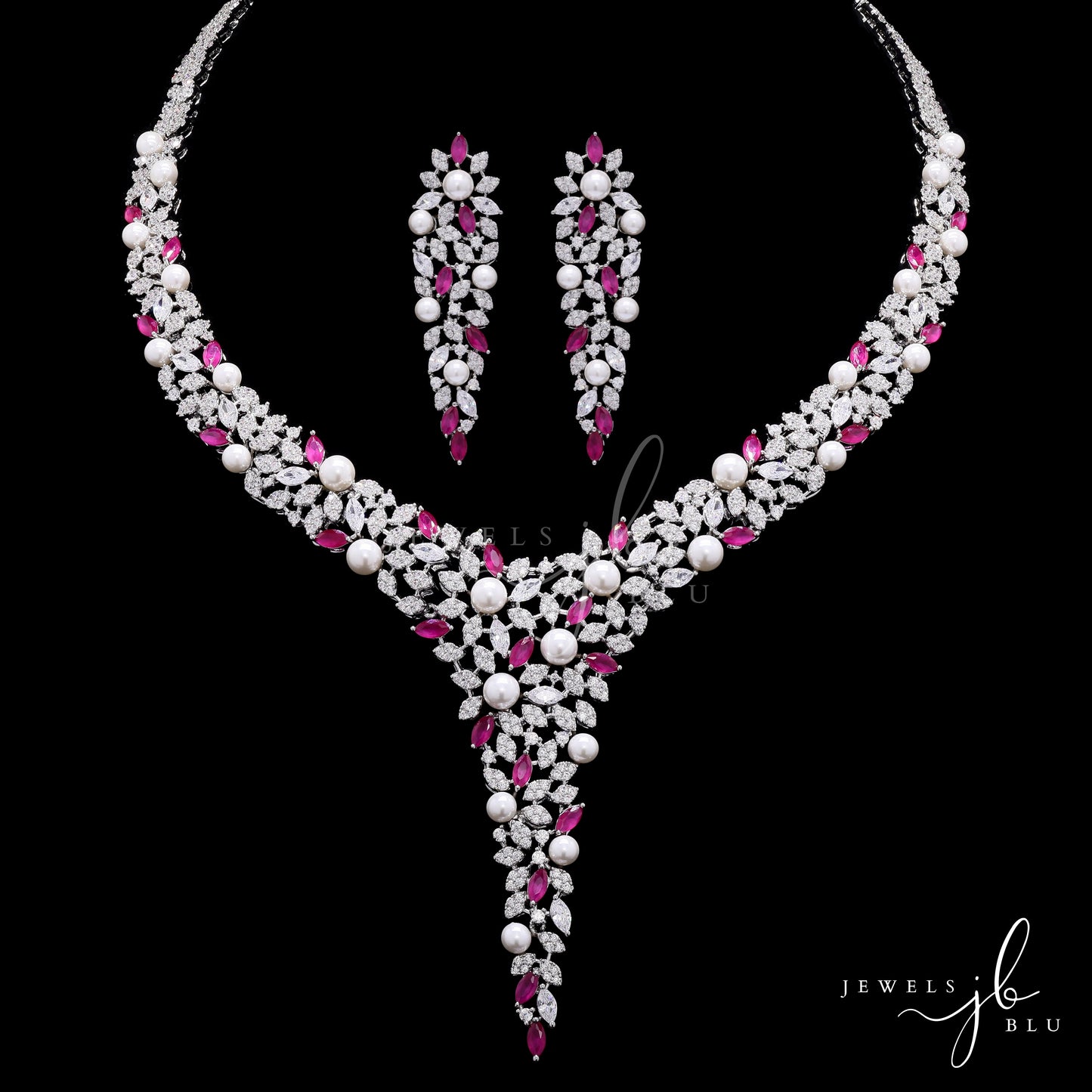 Fresh Water Pearl and Ruby Cocktail Necklace Set with Earrings