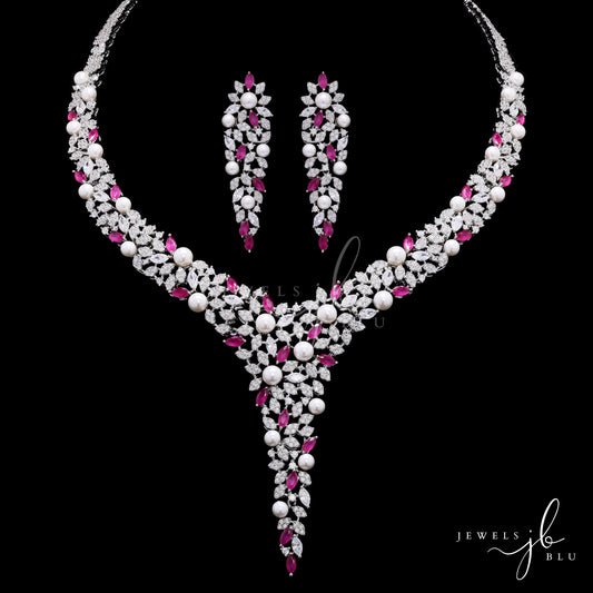 Fresh Water Pearl and Ruby Cocktail Necklace Set with Earrings