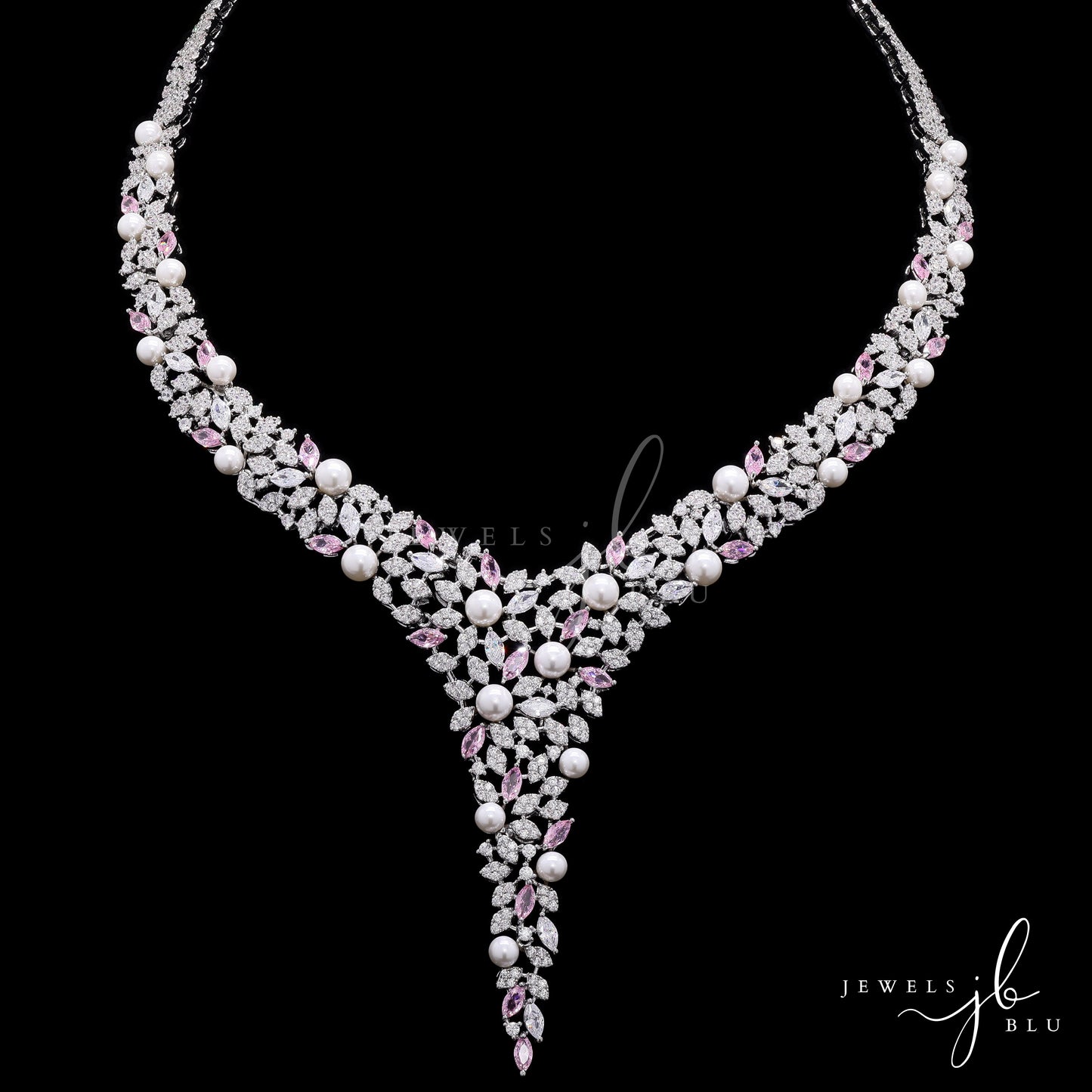 Premium Pink Marquise Diamond and Fresh Water Pearl Solace Cocktail Necklace Set with Earrings