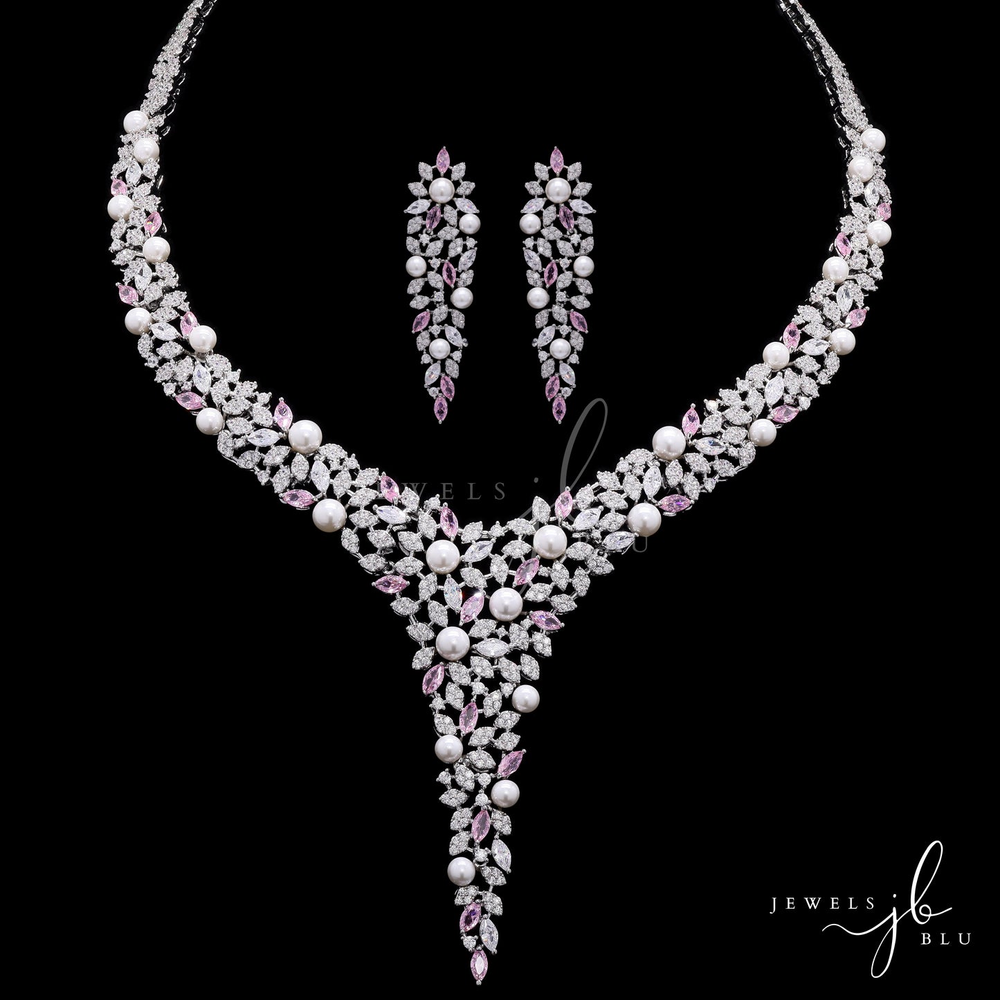 Premium Pink Marquise Diamond and Fresh Water Pearl Solace Cocktail Necklace Set with Earrings