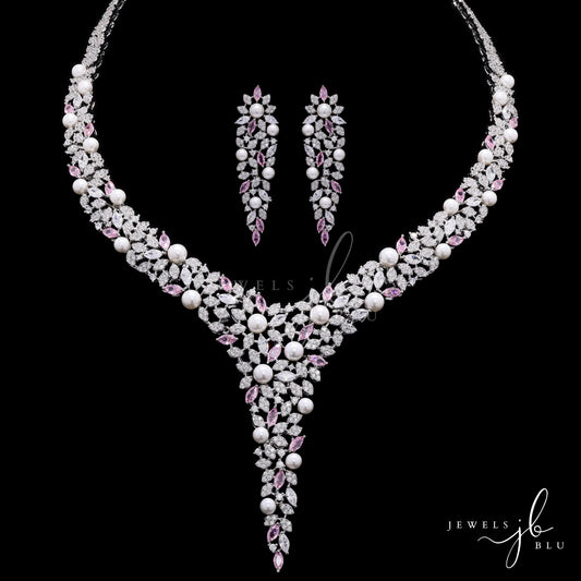 Premium Pink Marquise Diamond and Fresh Water Pearl Solace Cocktail Necklace Set with Earrings