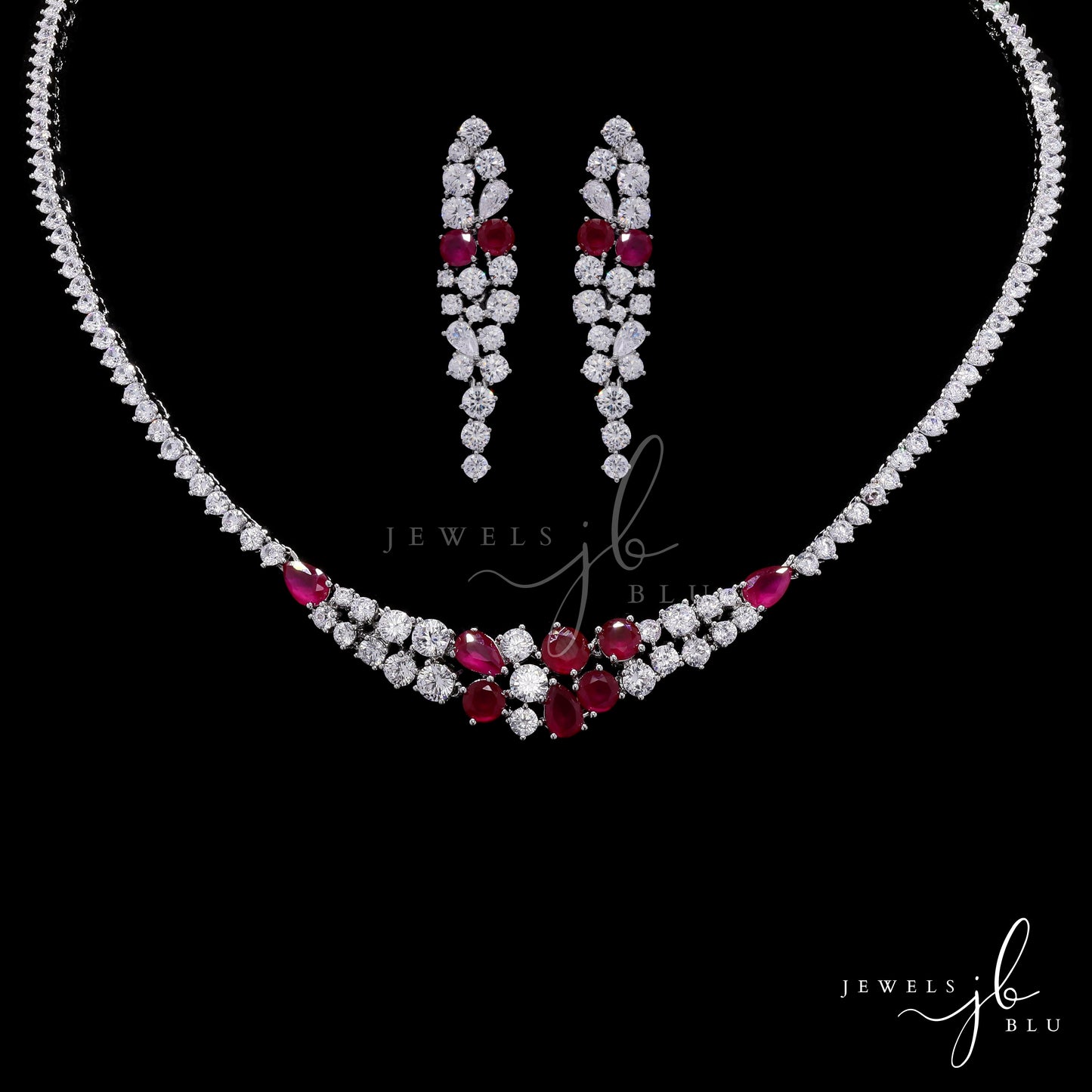 Premium Ruby and Solitaire Valetta Bridal Necklace Set with Earrings