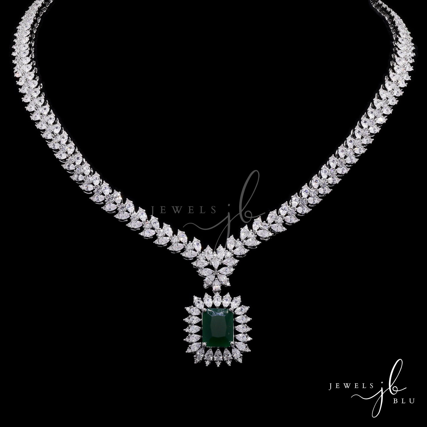 Premium Emerald and Marquise Diamond Monaco Necklace Set with Earrings
