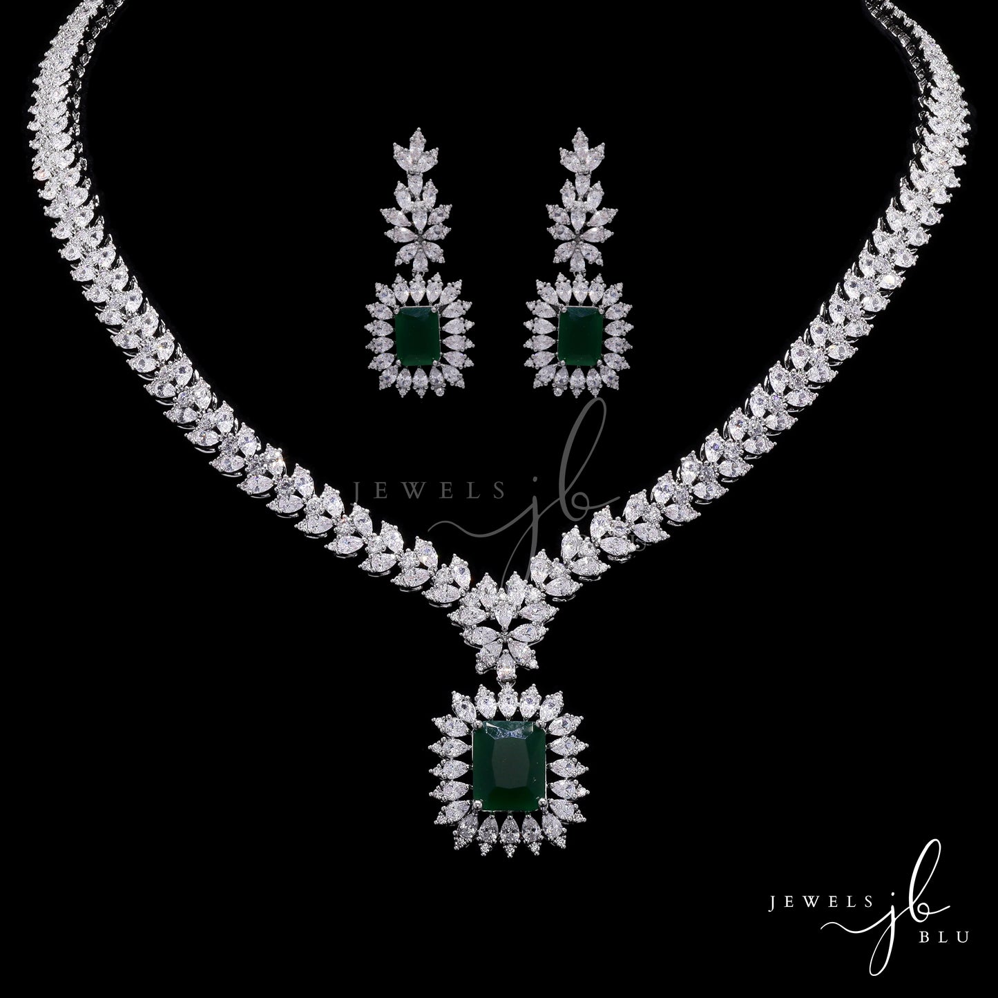 Premium Emerald and Marquise Diamond Monaco Necklace Set with Earrings