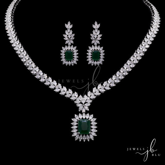 Premium Emerald and Marquise Diamond Monaco Necklace Set with Earrings