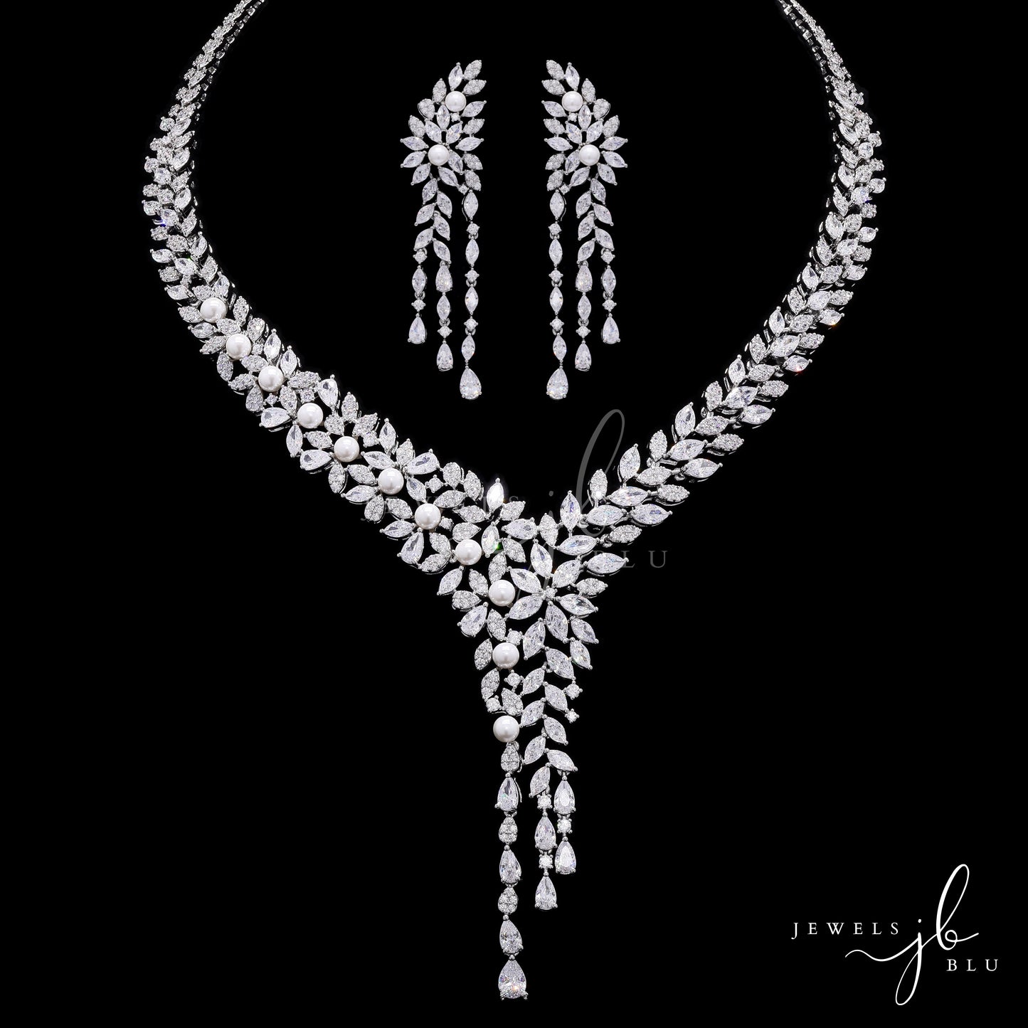 Fresh Water Pearl and Marquise Diamond Cocktail Necklace Set with Earrings