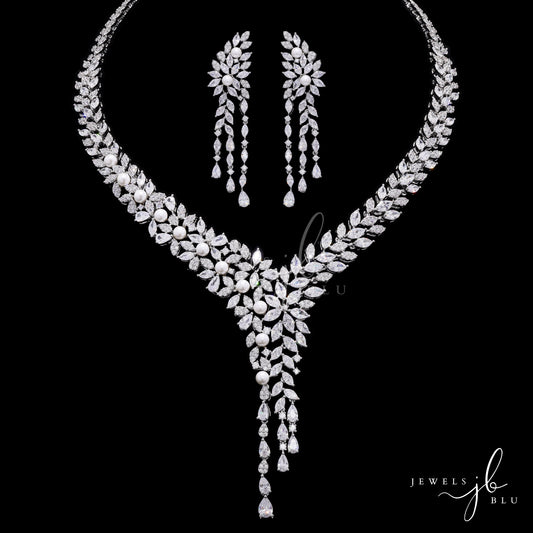 Fresh Water Pearl and Marquise Diamond Cocktail Necklace Set with Earrings