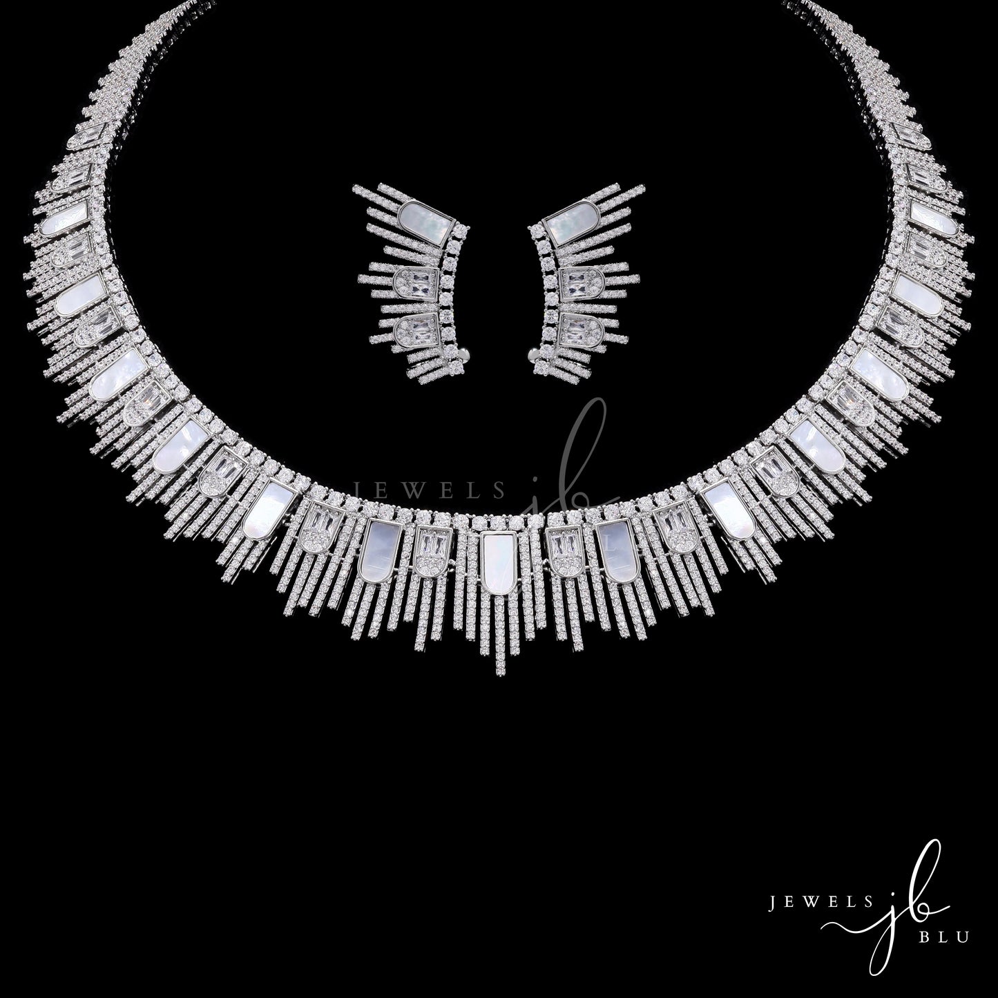 Premium Mother of Pearl and American Diamond Jonita Cocktail Necklace Set with Earrings