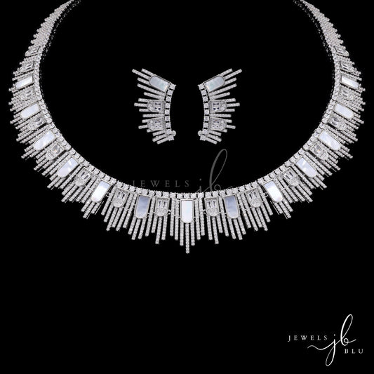 Premium Mother of Pearl and American Diamond Jonita Cocktail Necklace Set with Earrings