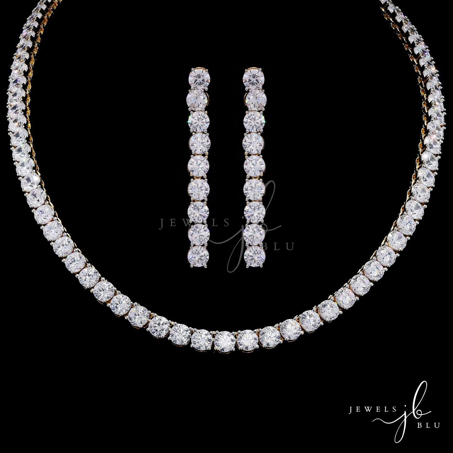 Premium 50 Pointer Gold Finish Solitaire Single Line Necklace Set with Earrings