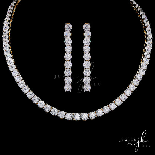 Premium 50 Pointer Gold Finish Solitaire Single Line Necklace Set with Earrings