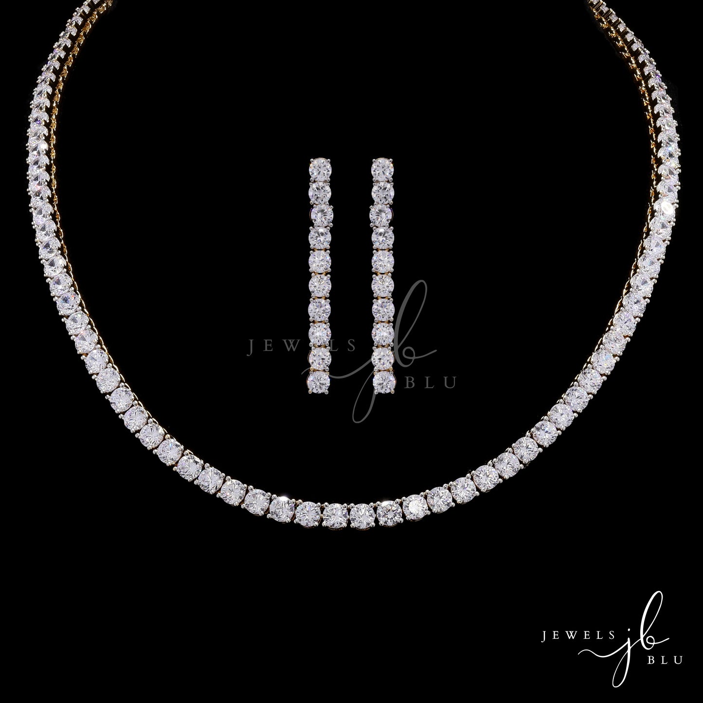 Premium 25 Pointer Gold Finish Solitaire Single Line Necklace Set with Earrings