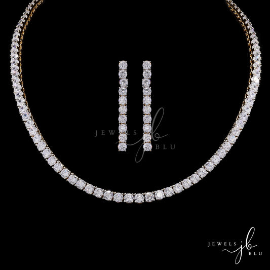 Premium 25 Pointer Gold Finish Solitaire Single Line Necklace Set with Earrings