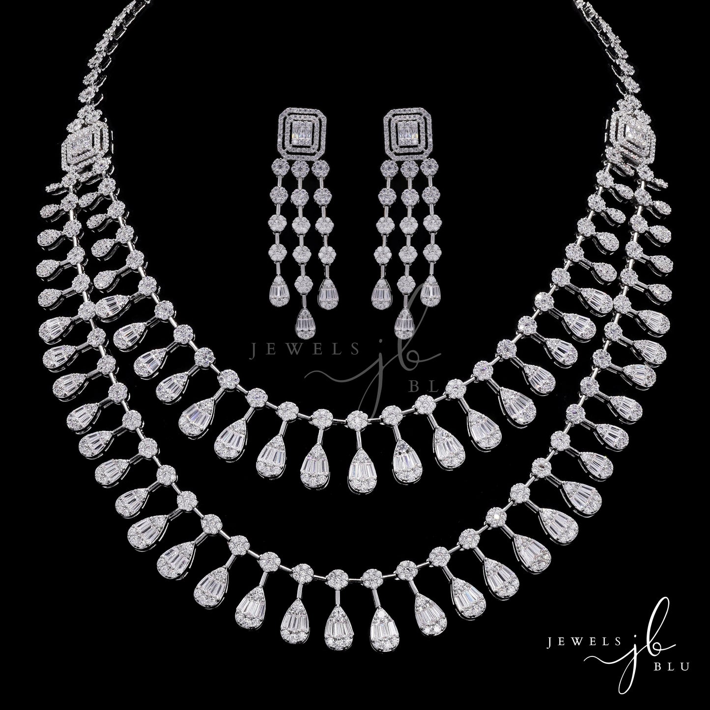 Premium Double Layered Pressure Setting Drop Dora Necklace Set with Earrings