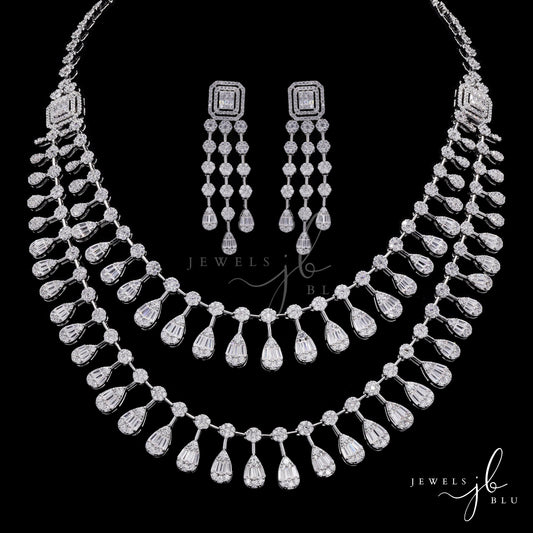 Premium Double Layered Pressure Setting Drop Dora Necklace Set with Earrings