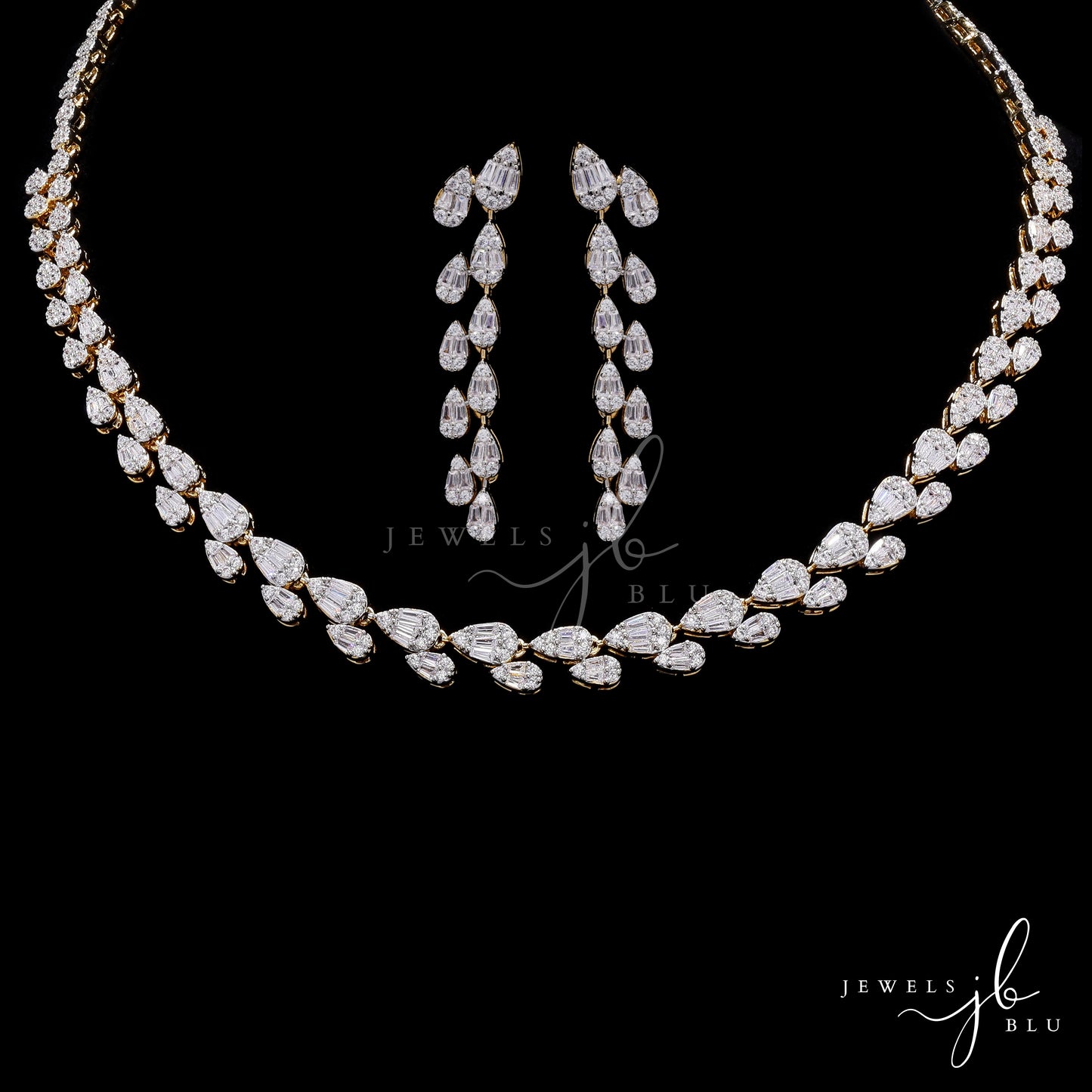 Premium Gold Finish Octa Setting Drop Shaped Necklace Set with Earrings