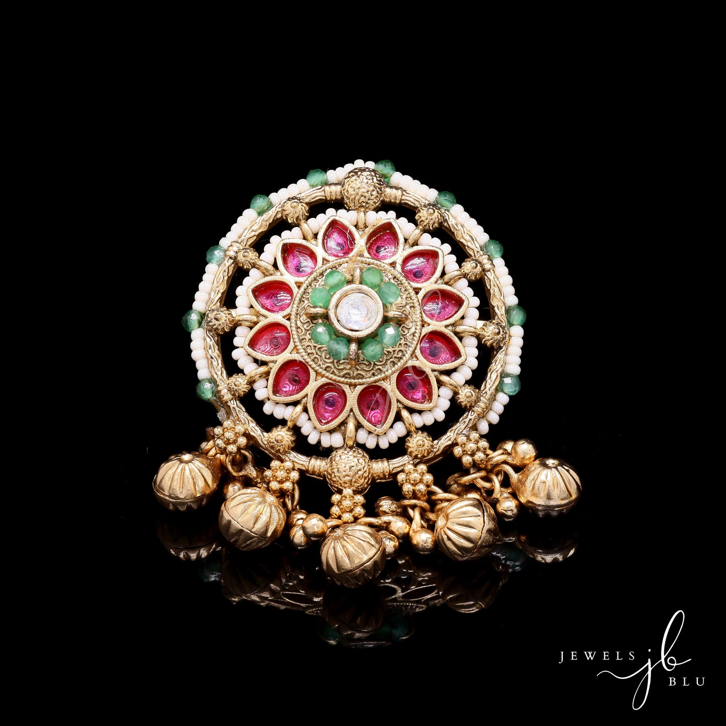 Festive Exclusive Gold Finish Ghungroo Adjustable Ring with Ruby Emerald and Pearl Detailing ( Fits all Sizes )
