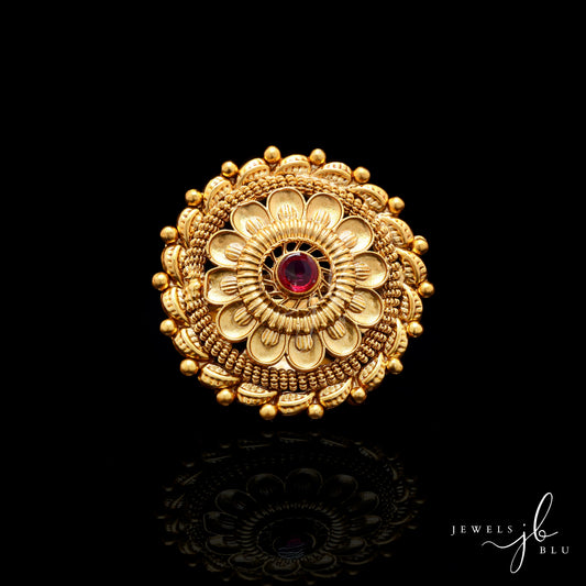 Gold Finish Traditional Hath Phool Adjustable Ring with Ruby Detailing( Fits All Sizes )