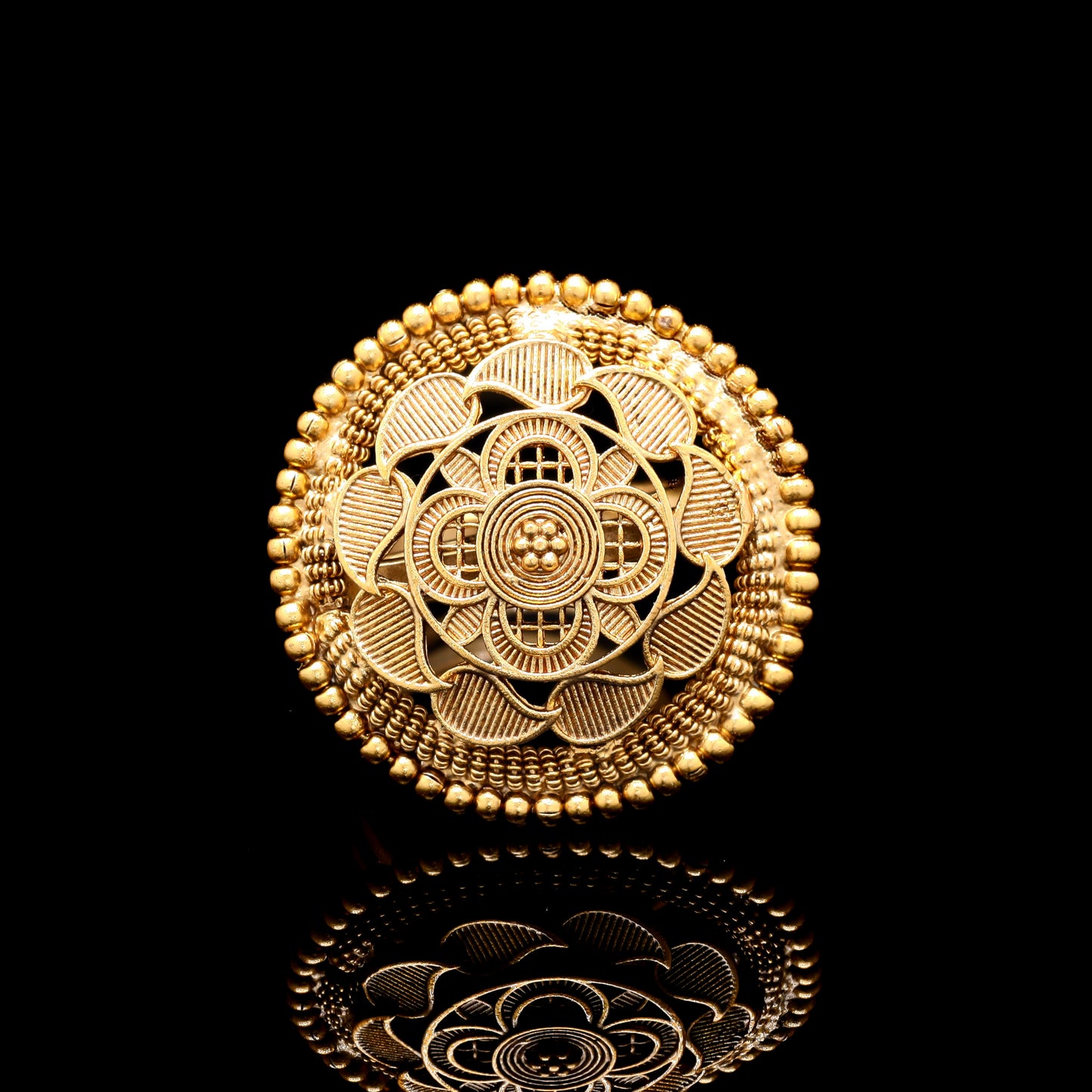 Gold Finish Traditional Swarnam Adjustable Ring ( Fits All Sizes )