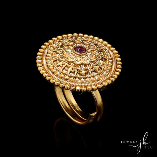Gold Finish Traditional Mayura Adjustable Ring with Ruby Detailing ( Fits All Sizes )