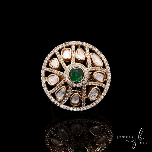 Polki Tara Adjustable Gold Finish Ring with Emerald and Pearl Beads Detailing