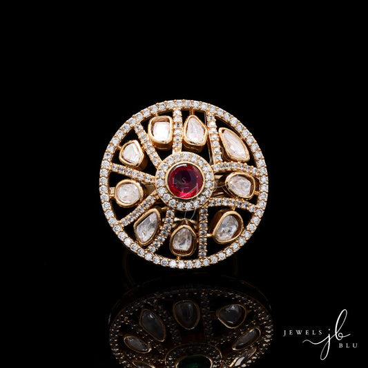 Polki Tara Adjustable Gold Finish Ring with Ruby and Pearl Beads Detailing