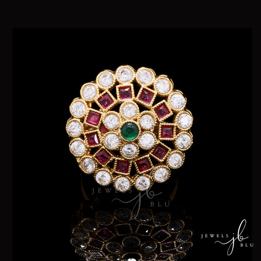 Manjari Gold Finish Ruby and Emerald Adjustable Ring