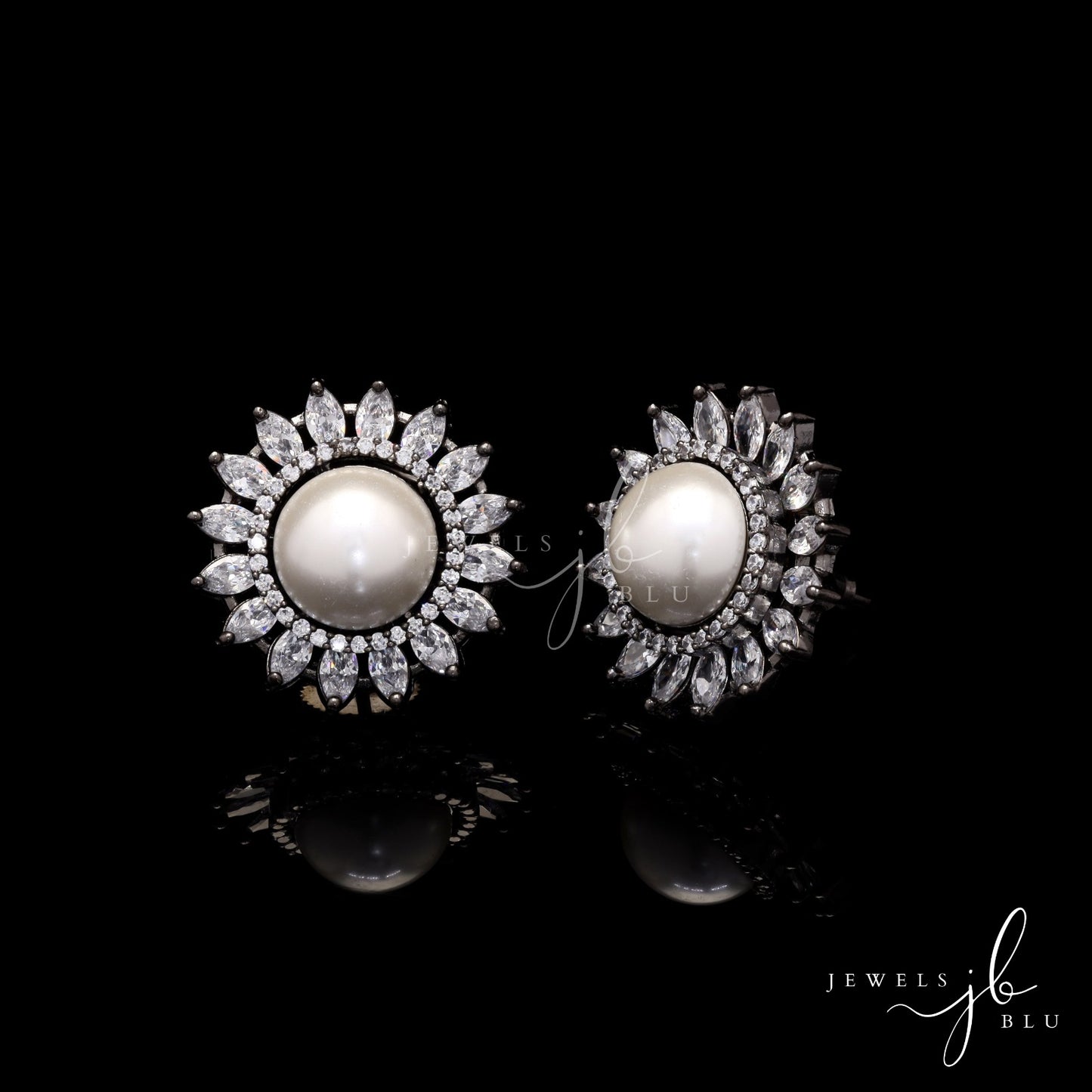 Antique Finish Pearl and American Diamond Marquise Siya Studs