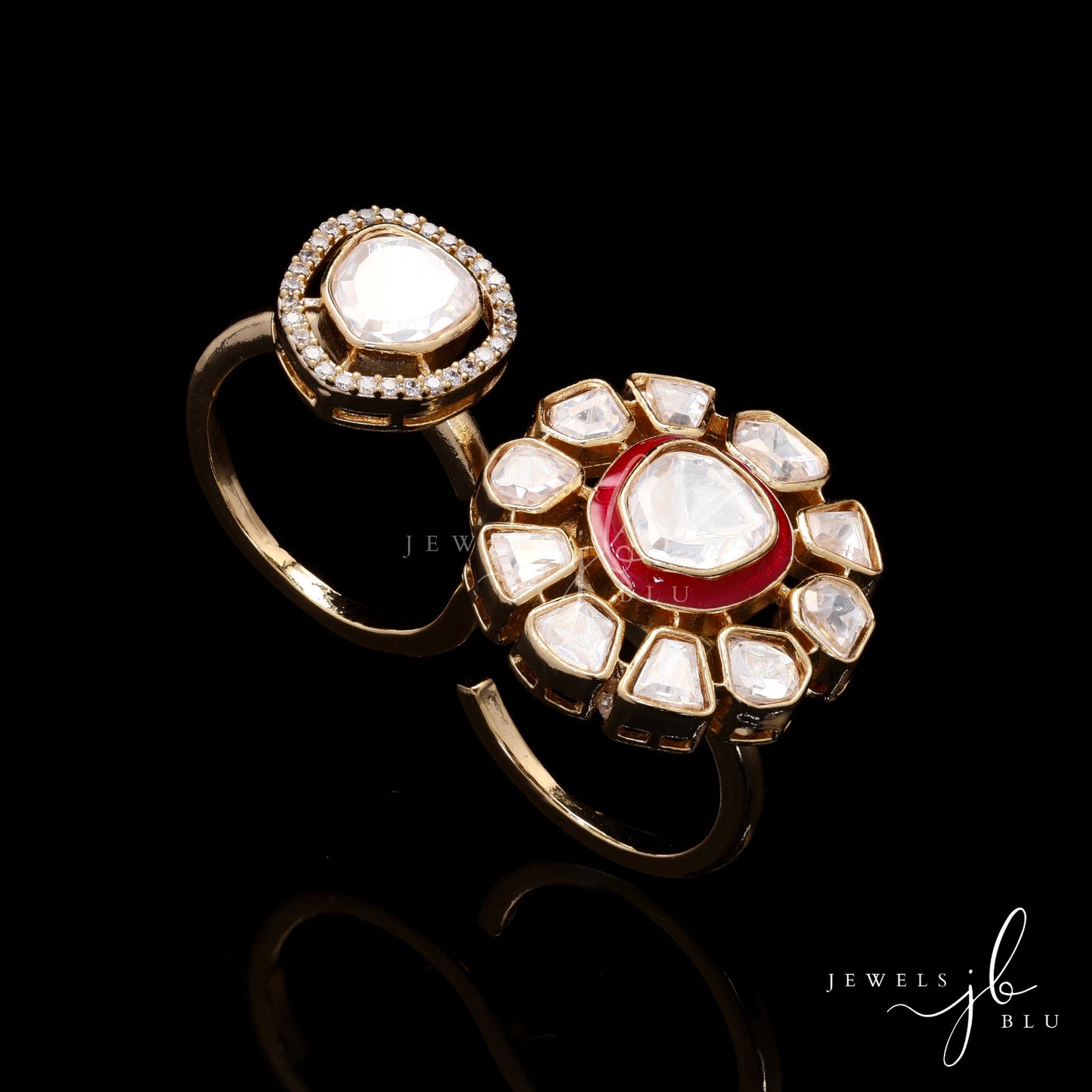 Double Finger Polki Raya Floral Adjustable Ring