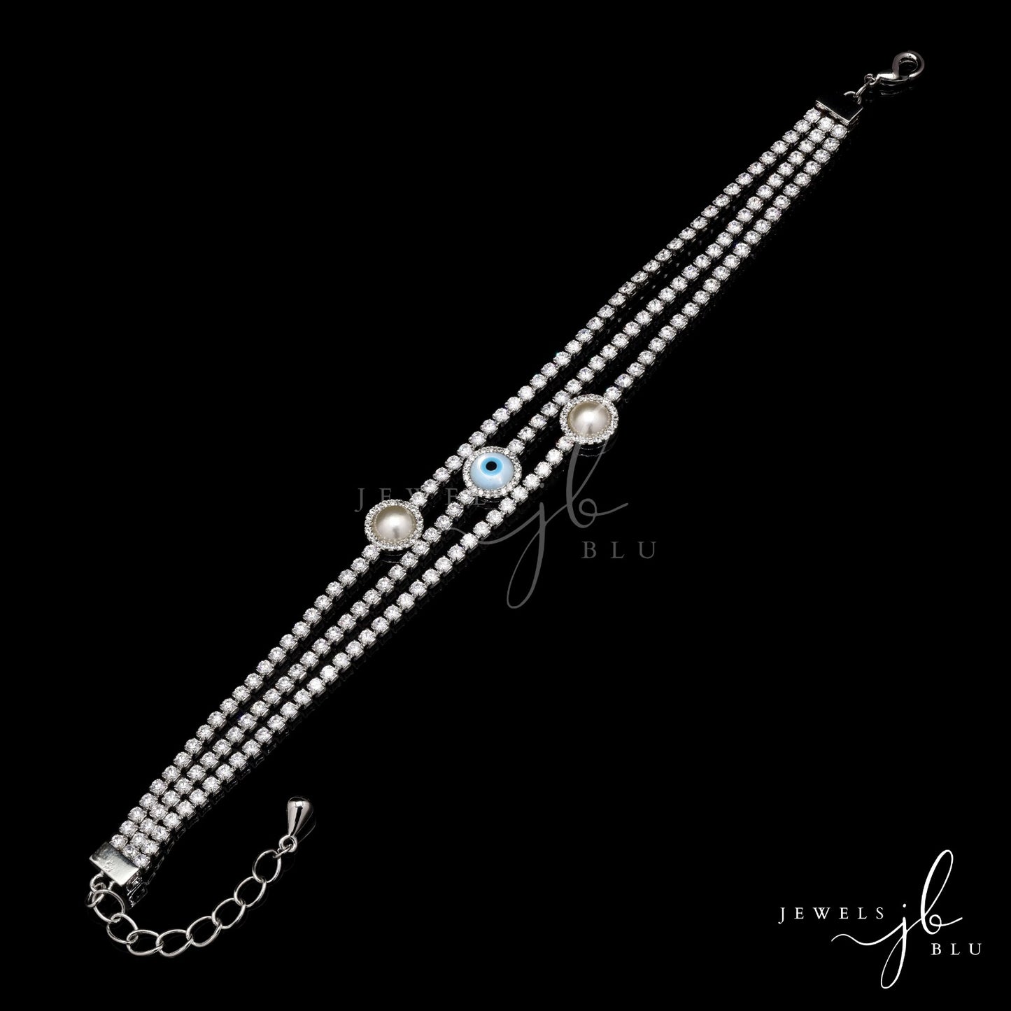 3 Line Solitaire Pearl and Evil Eye Fiona Bracelet