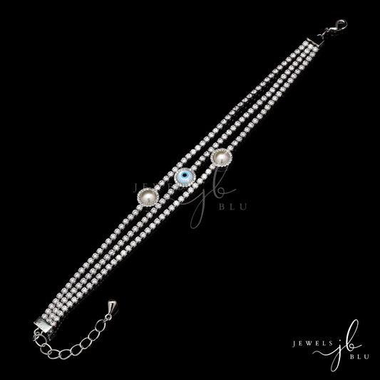 3 Line Solitaire Pearl and Evil Eye Fiona Bracelet