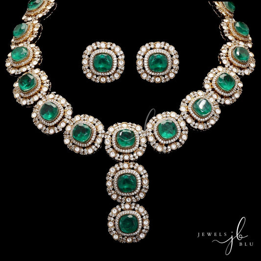 Green Hydro Emerald Santoor Polki Necklace Set