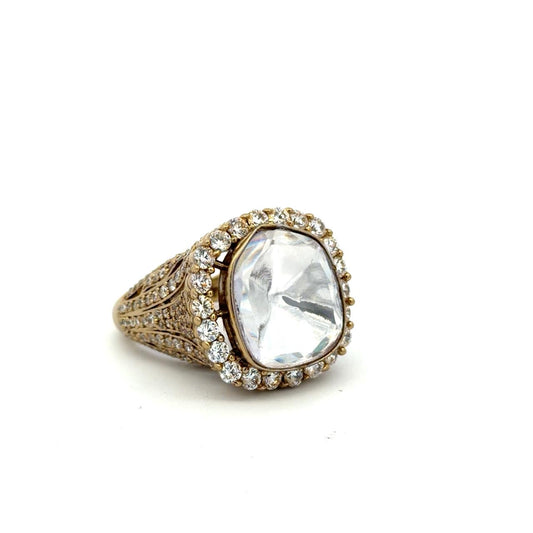 Hand Carved Antique Gold Finish Statement Polki Adjustable Ring for Women