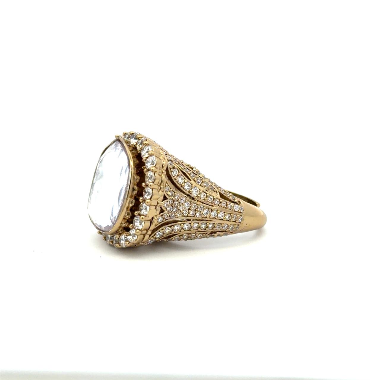 Hand Carved Antique Gold Finish Statement Polki Adjustable Ring for Women