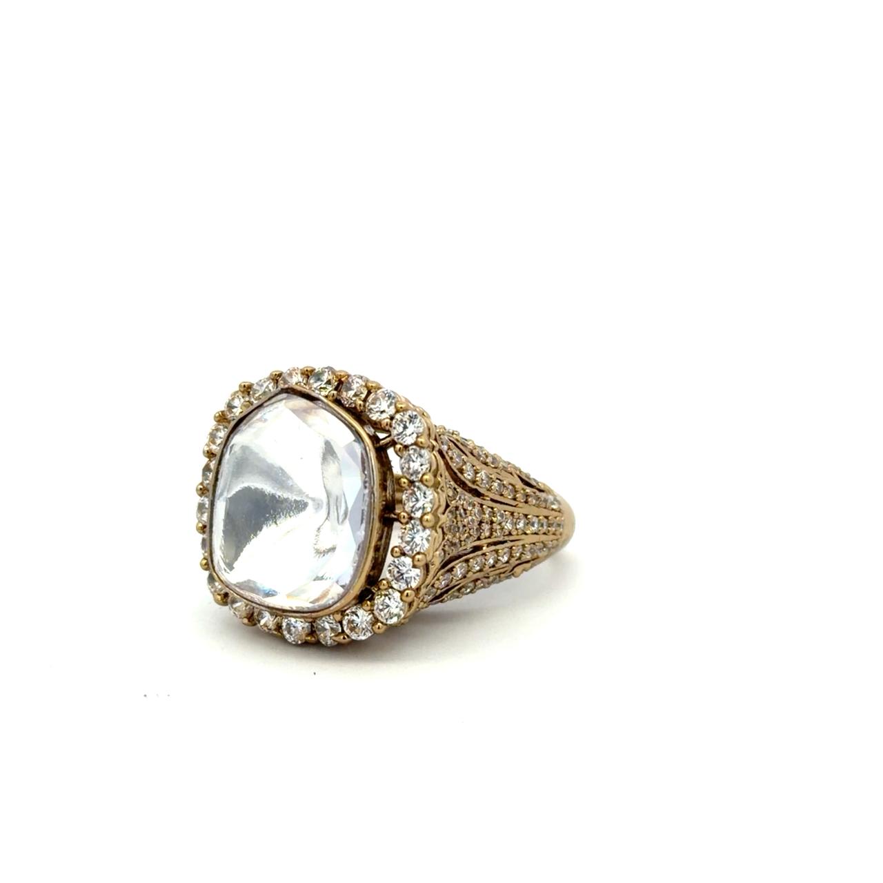 Hand Carved Antique Gold Finish Statement Polki Adjustable Ring for Women