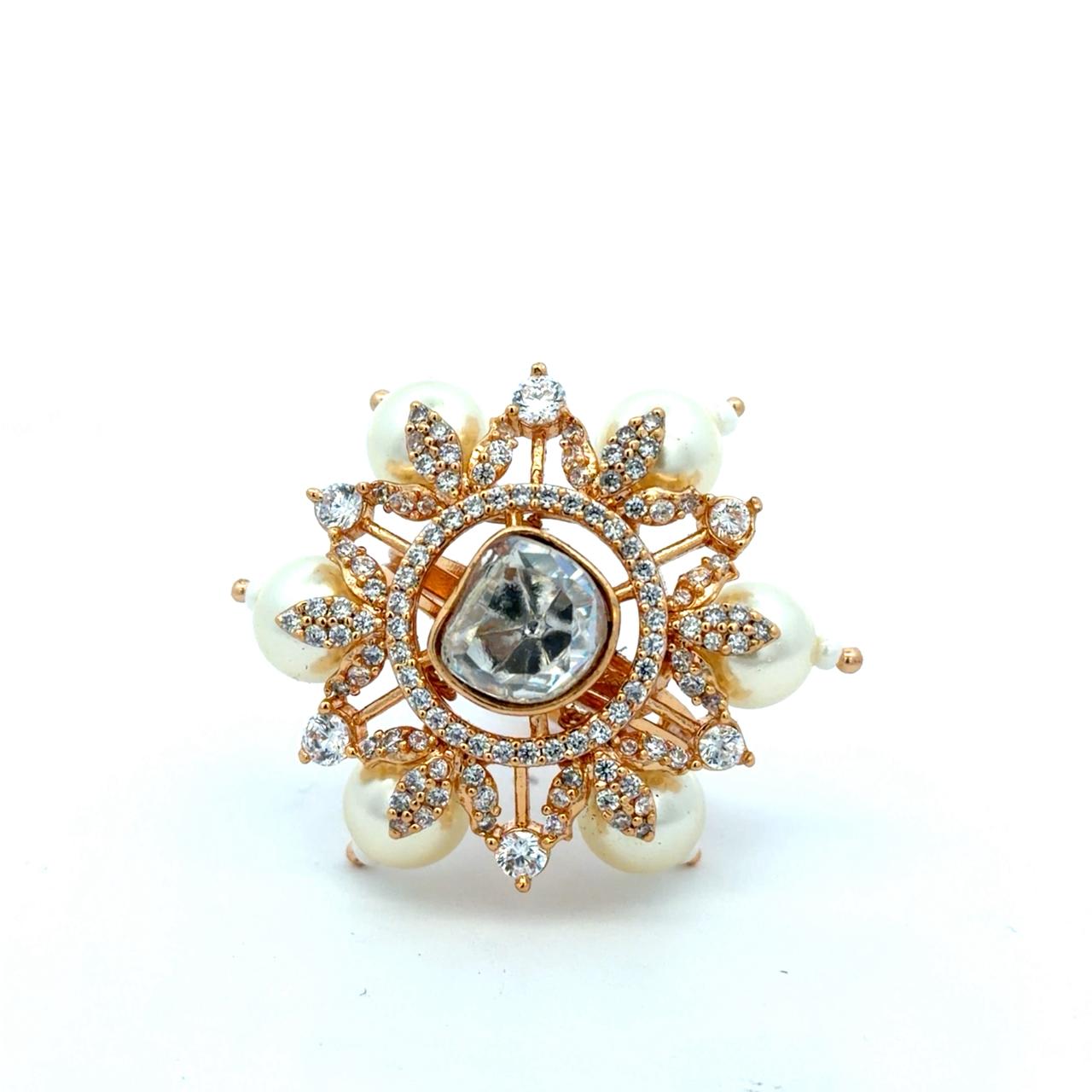 Gold Finish Pearl and Polki Adjustable Ring for Women with American Diamonds