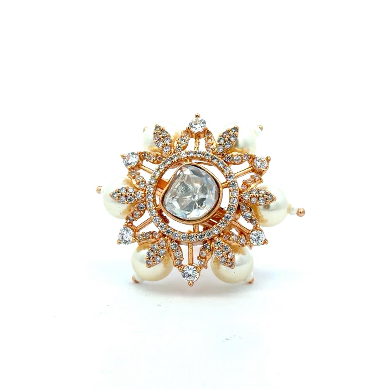 Gold Finish Pearl and Polki Adjustable Ring for Women with American Diamonds