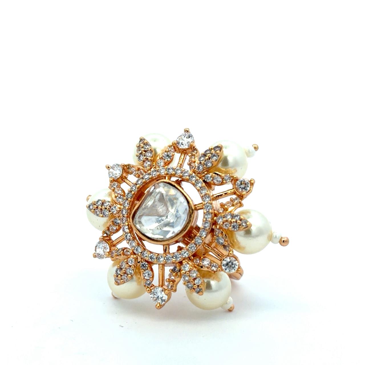 Gold Finish Pearl and Polki Adjustable Ring for Women with American Diamonds