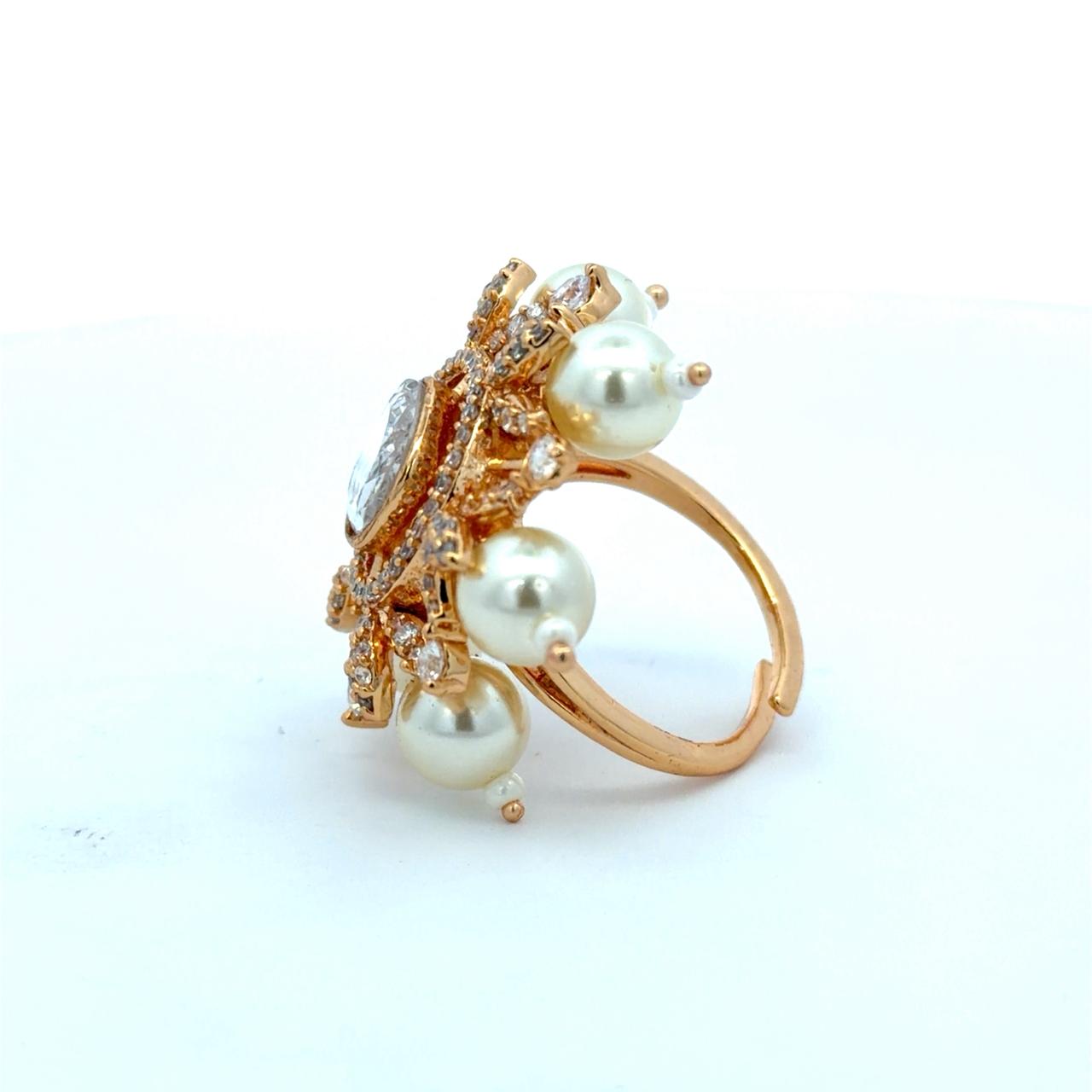 Gold Finish Pearl and Polki Adjustable Ring for Women with American Diamonds