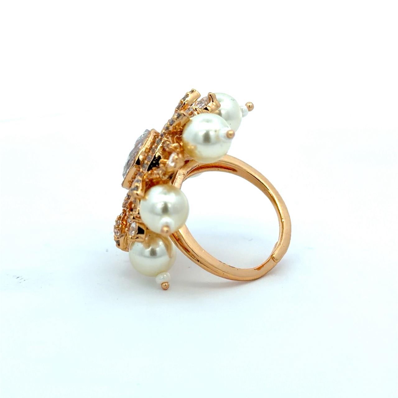 Gold Finish Pearl and Polki Adjustable Ring for Women with American Diamonds