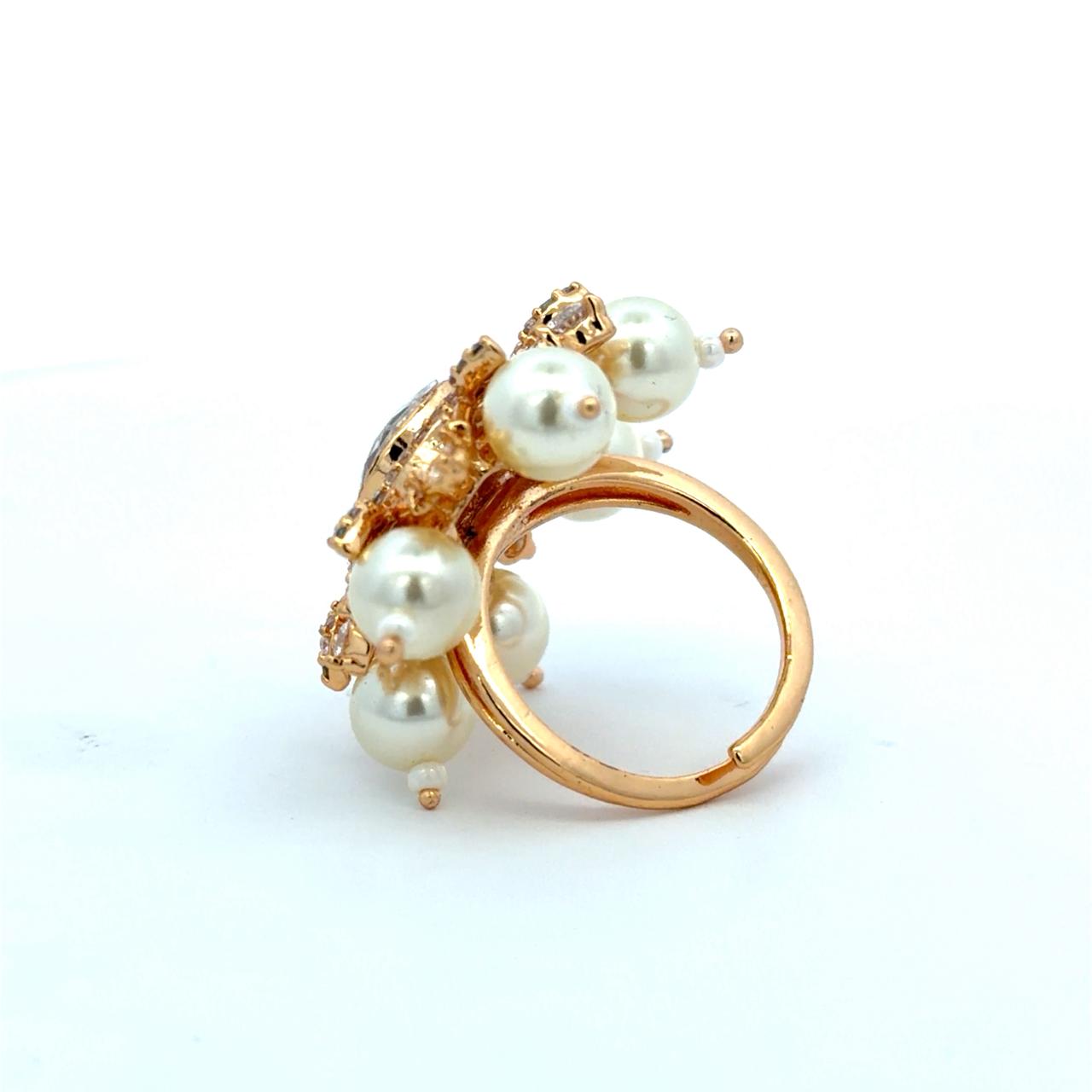 Gold Finish Pearl and Polki Adjustable Ring for Women with American Diamonds