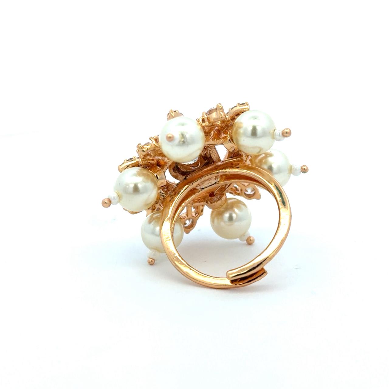 Gold Finish Pearl and Polki Adjustable Ring for Women with American Diamonds