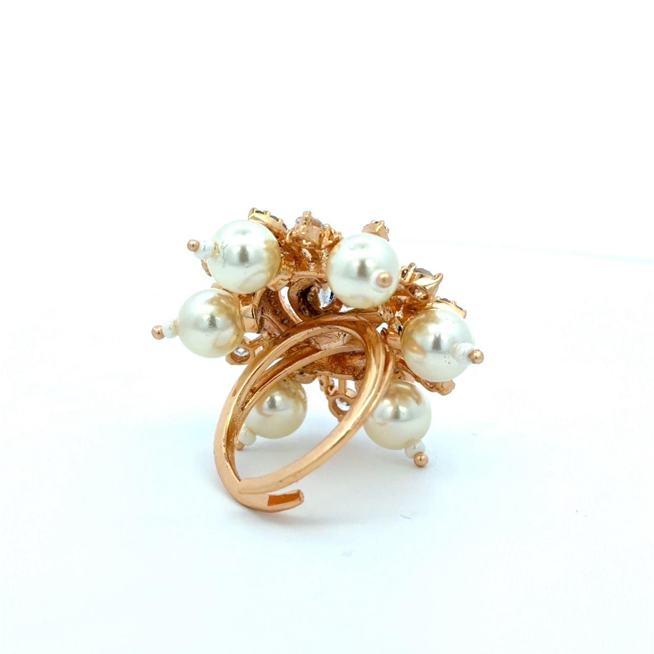 Gold Finish Pearl and Polki Adjustable Ring for Women with American Diamonds