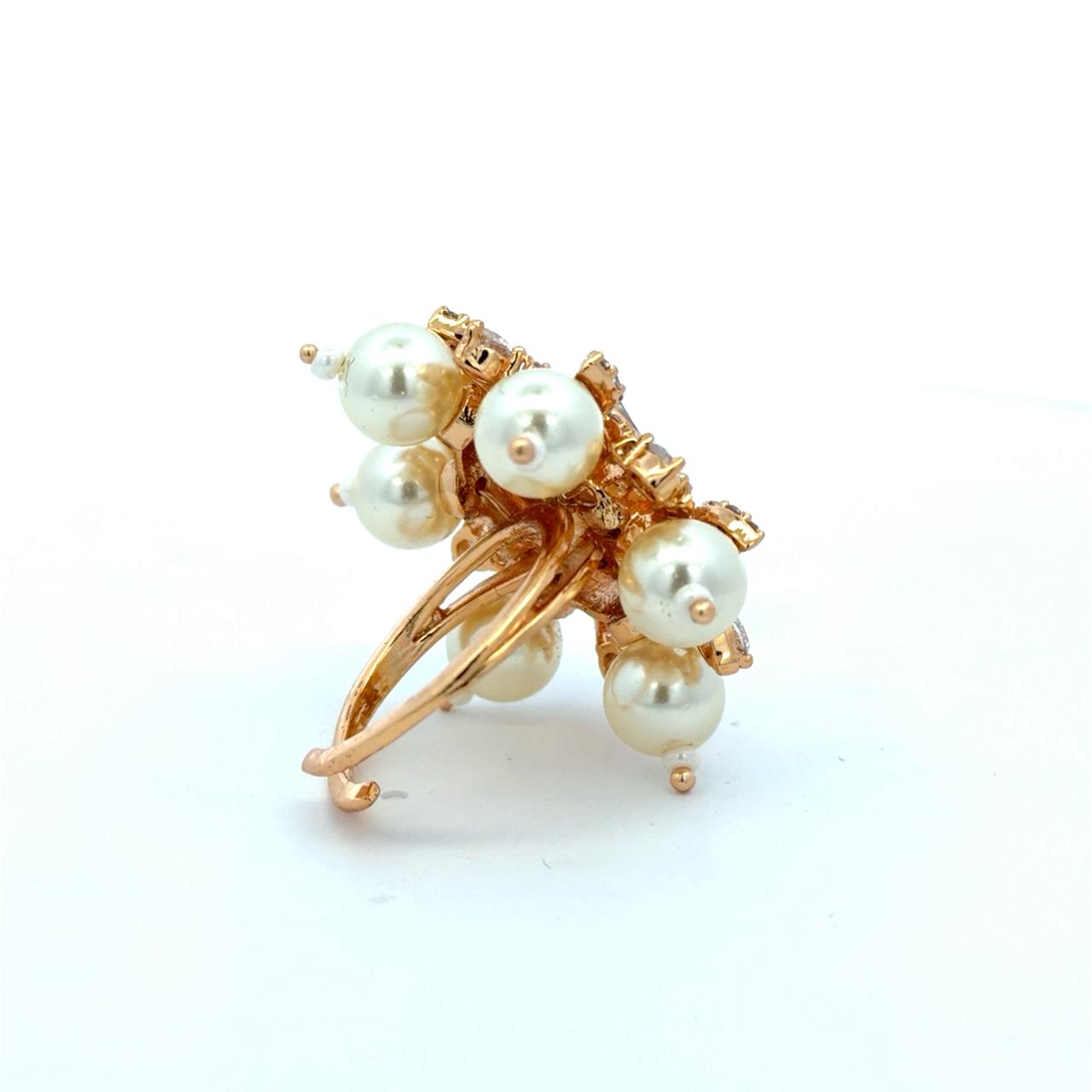 Gold Finish Pearl and Polki Adjustable Ring for Women with American Diamonds