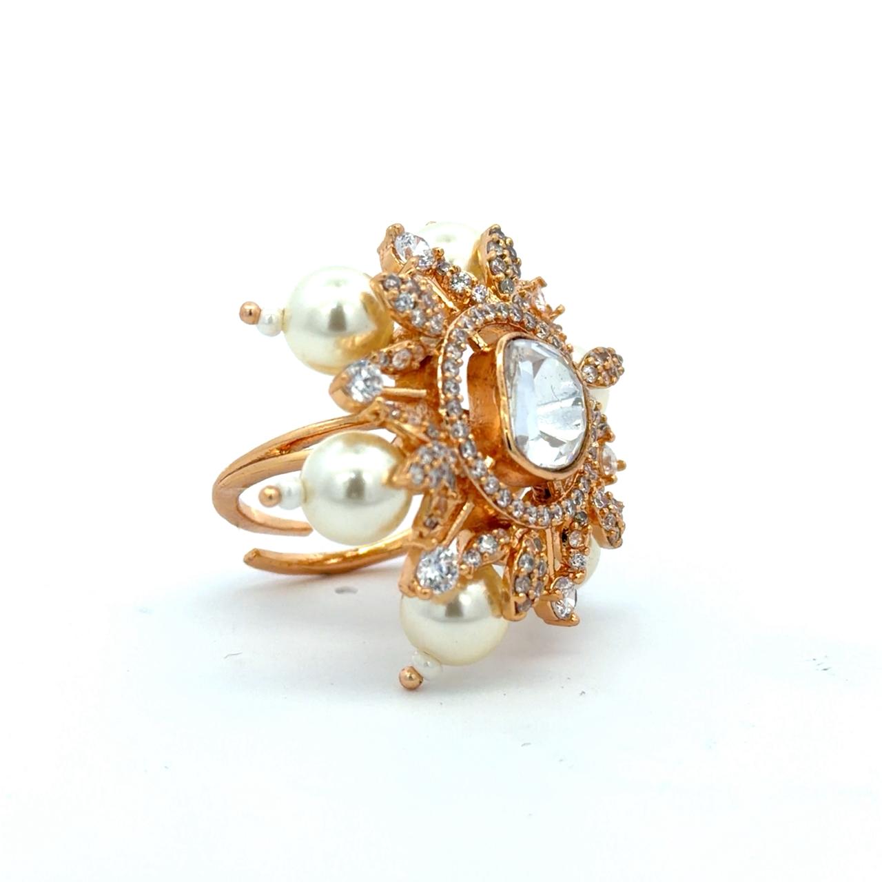 Gold Finish Pearl and Polki Adjustable Ring for Women with American Diamonds