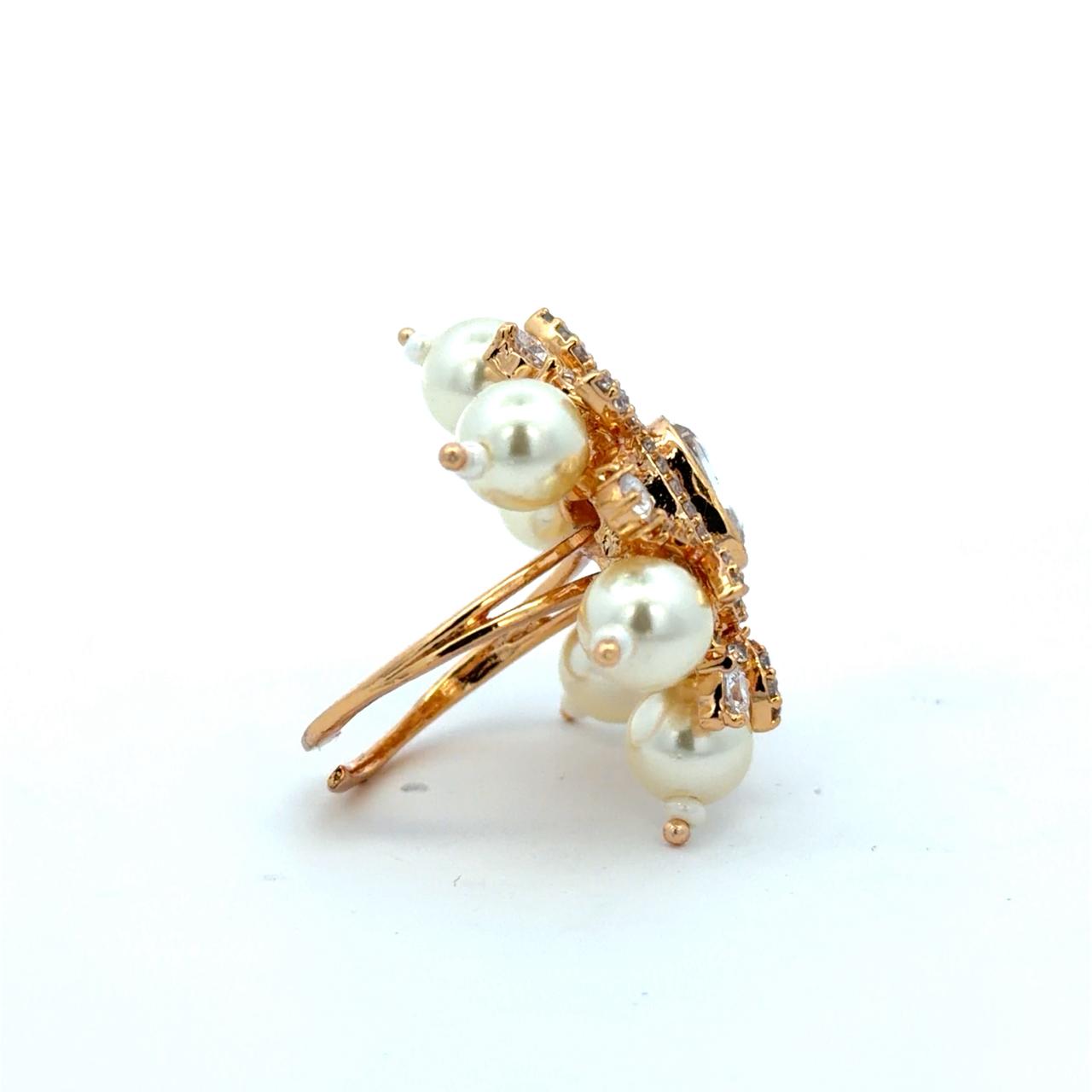 Gold Finish Pearl and Polki Adjustable Ring for Women with American Diamonds