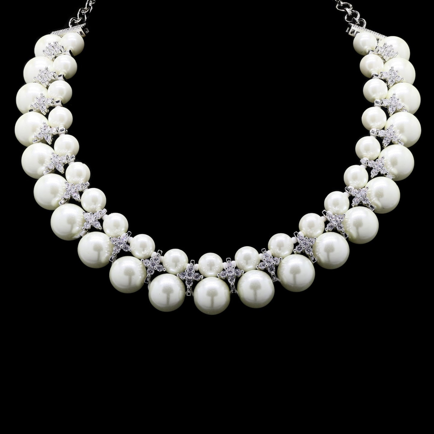 Double Line White Natural Fresh Water Peal Necklace Set with American Diamonds for Women
