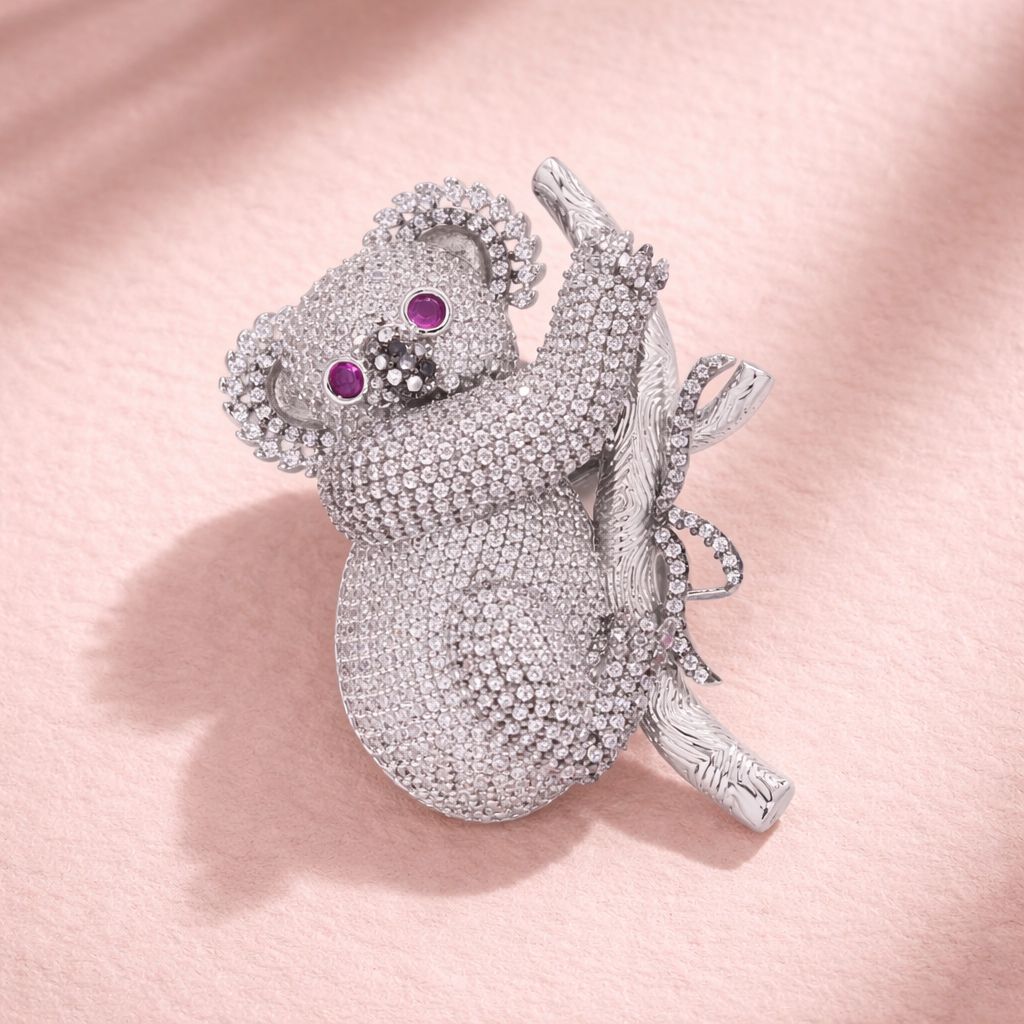 Micro Setting Diamond Studded Koala Bear Unisex Statement Brooch for Men and Women with Ruby Dt