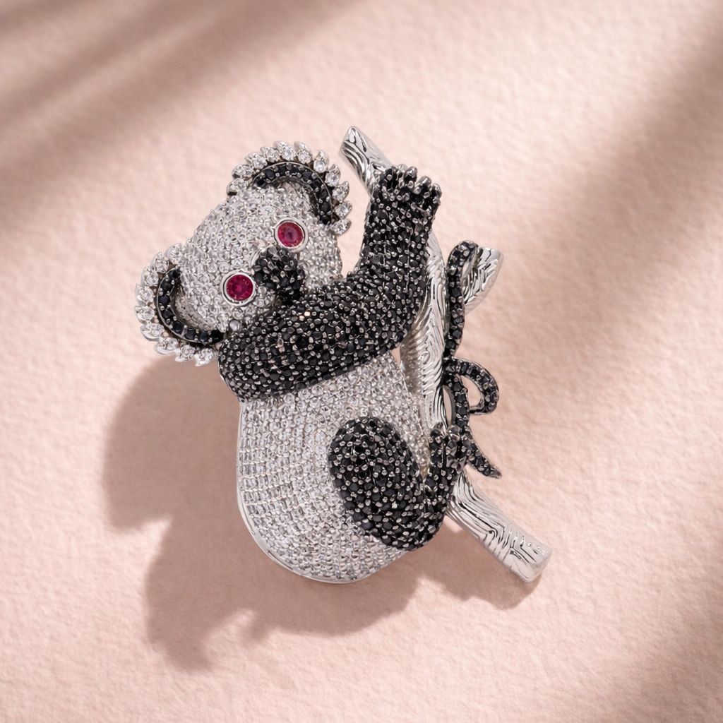 Micro Setting Black  Diamond Studded Koala Bear Unisex Statement Brooch for Men and Women with Ruby Dt