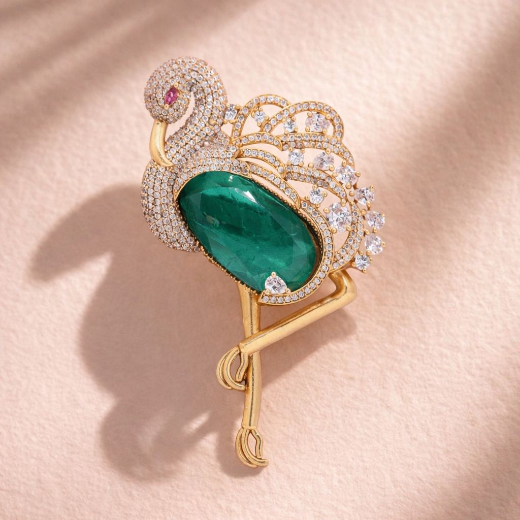 Premium Diamond Studded Unisex Swan Brooch with Hydro Ruby and Emerald